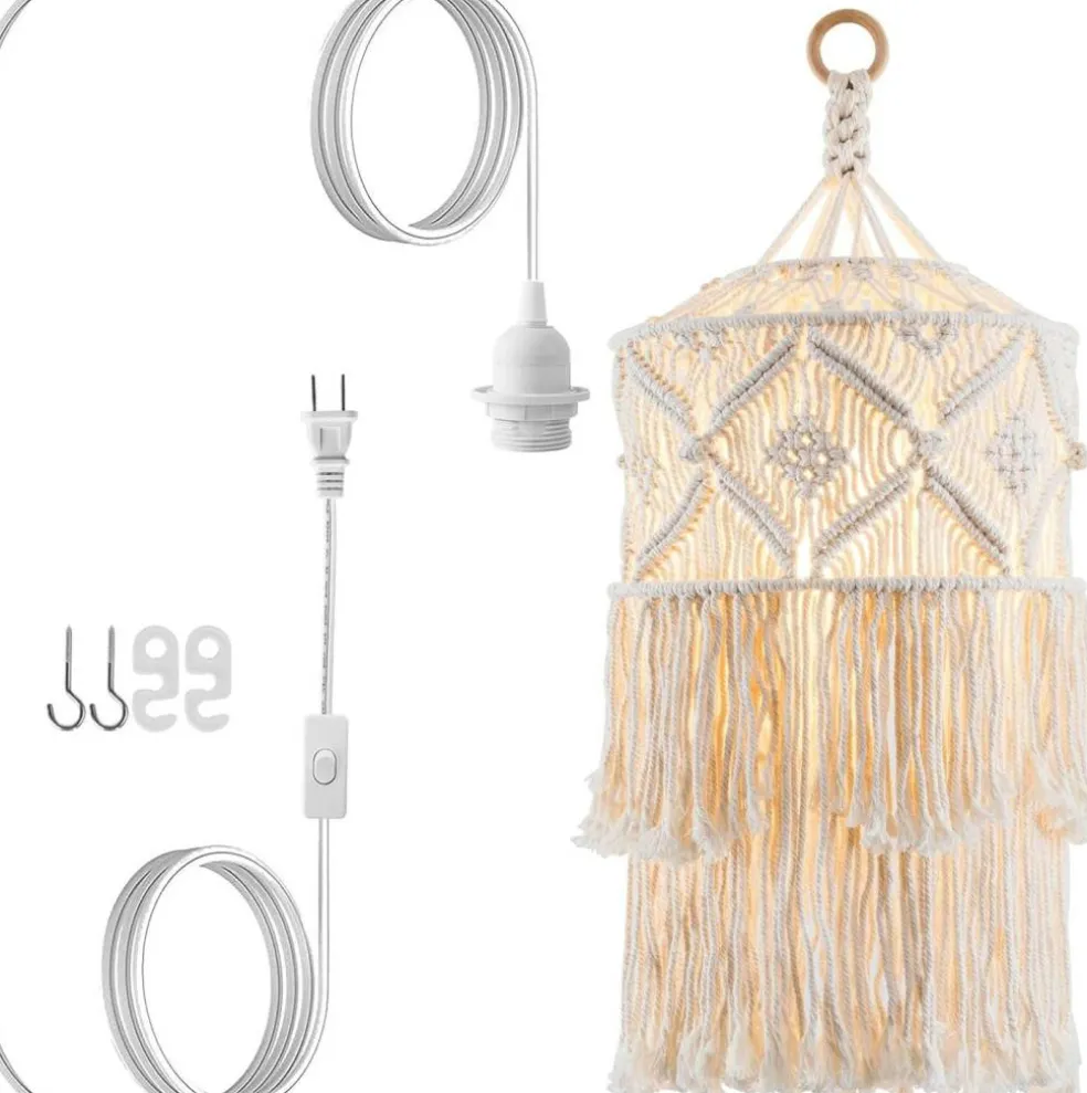 Boho Plug in Pendant Light, Hanging Light with Plug in Cord, Hanging Lamp with Handmade Macrame Lamp Shade