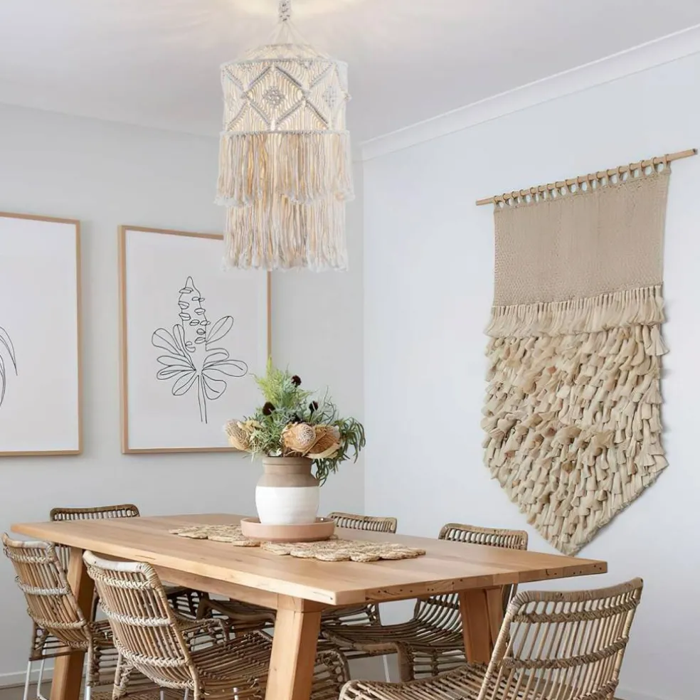 Boho Plug in Pendant Light, Hanging Light with Plug in Cord, Hanging Lamp with Handmade Macrame Lamp Shade