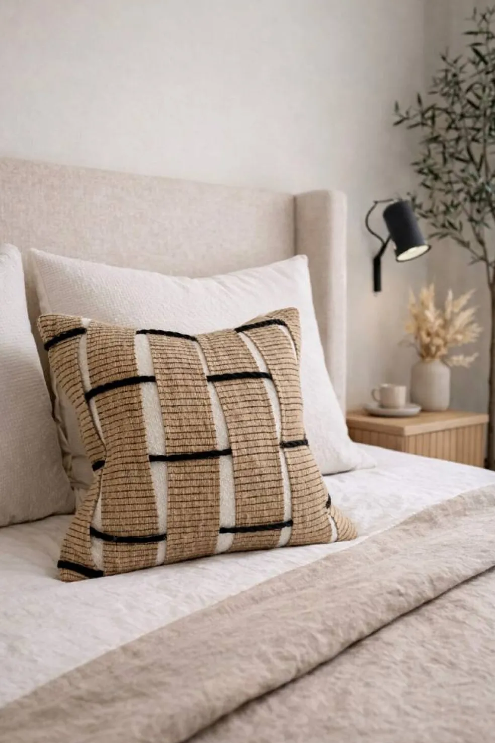 Boho Textured Pillow Cover 18x18, Cream and Black Woven Throw Pillow, Neutral Modern Farmhouse Decor