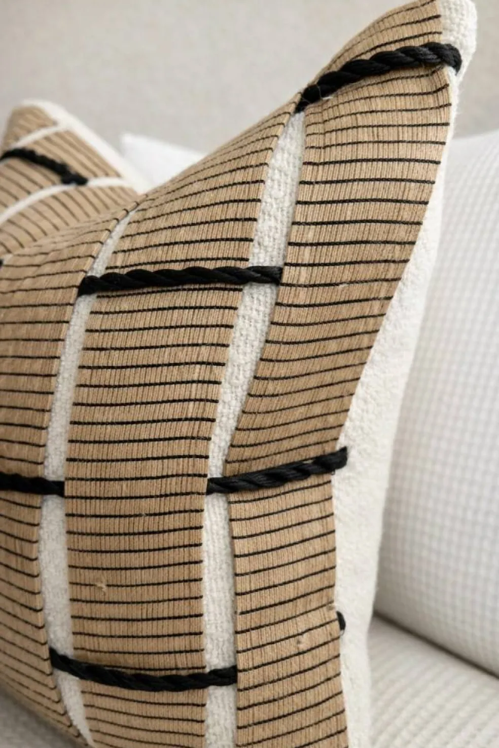 Boho Textured Pillow Cover 18x18, Cream and Black Woven Throw Pillow, Neutral Modern Farmhouse Decor