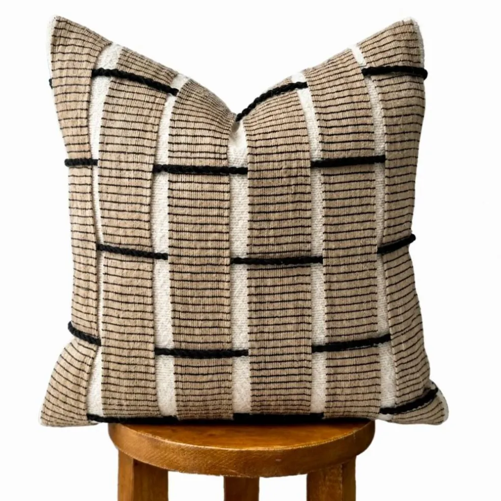 Boho Textured Pillow Cover 18x18, Cream and Black Woven Throw Pillow, Neutral Modern Farmhouse Decor