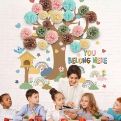Boho Tree Bulletin Board Set with 3D Tissue Paper Flowers, “You Belong Here” Classroom Decorations, Rainbow Heart Cutouts for Back to School Wall, Door, Chalkboard & Nursery Decor