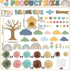 Boho Tree Bulletin Board Set with 3D Tissue Paper Flowers, “You Belong Here” Classroom Decorations, Rainbow Heart Cutouts for Back to School Wall, Door, Chalkboard & Nursery Decor