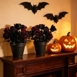 2 Bouquets Black & Burgundy Artificial Roses, Gothic Silk Faux Flowers for Halloween Decorations, Dark Romance Floral Arrangement, Vampire Party Centerpiece, Home Decor & Wedding Props
