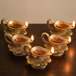 Brass Finish Lotus Diya - Lightweight Aluminum Oil Lamp for Home Pooja Room, Indian Mandir Decor, Diwali & Housewarming Return Gifts