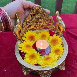 Brass Urli Bowl Elephant Design 6.5 Inch Indian Ethnic Urli Bowls for Floating Flowers Tea Light Candles Home Office Table Pooja Room Decor Diwali Decoration Showpiece Housewarming Gift