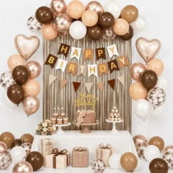 Brown Birthday Decorations,Happy Birthday Banner Beige Cream Neutral Boho Balloons Fringe Curtain Heart Foil Balloons for Women Boys Girls Baby Shower