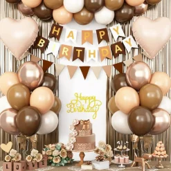 Brown Birthday Decorations,Happy Birthday Banner Beige Cream Neutral Boho Balloons Fringe Curtain Heart Foil Balloons for Women Boys Girls Baby Shower