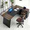 Brown Black L-Shaped Executive Desk with Storage Drawers and Cabinet