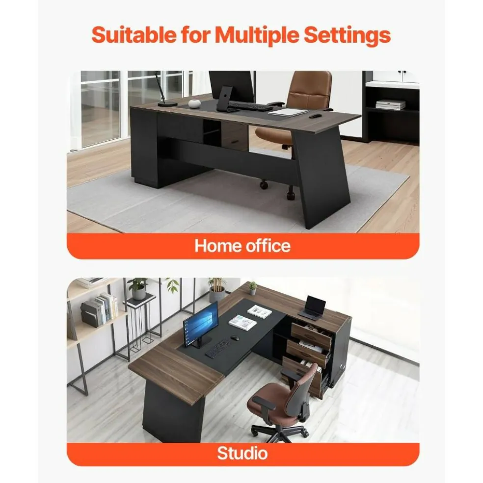 Brown Black L-Shaped Executive Desk with Storage Drawers and Cabinet