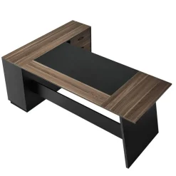 Brown Black L-Shaped Executive Desk with Storage Drawers and Cabinet