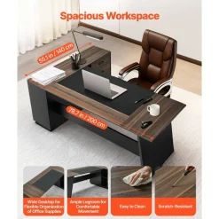 Brown Black L-Shaped Executive Desk with Storage Drawers and Cabinet