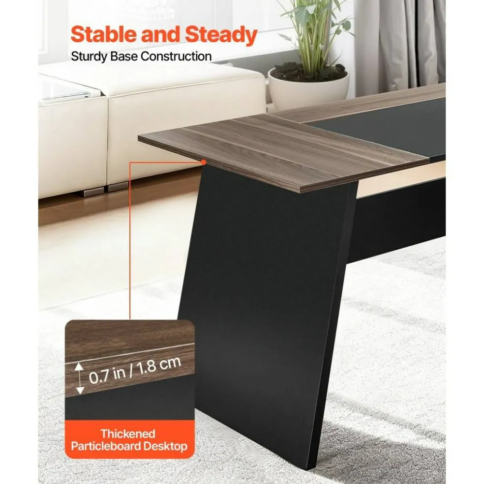 Brown Black L-Shaped Executive Desk with Storage Drawers and Cabinet