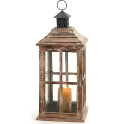 23" Brown Chinese Fir Traditional Candle Holder Lantern