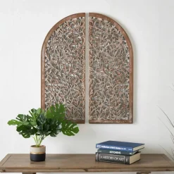 Brown Handmade Floral Carved Arched Wall Décor, 2ct.
