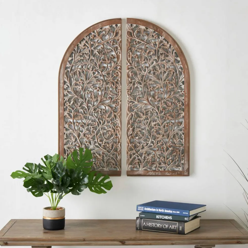 Brown Handmade Floral Carved Arched Wall Décor, 2ct.