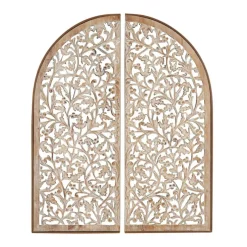 Brown Handmade Floral Carved Arched Wall Décor, 2ct.