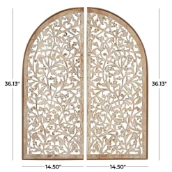 Brown Handmade Floral Carved Arched Wall Décor, 2ct.