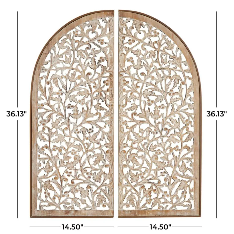 Brown Handmade Floral Carved Arched Wall Décor, 2ct.