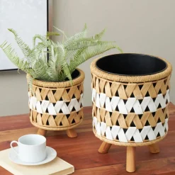 Brown Jute Rope Geometric Woven Chevron Planter Set