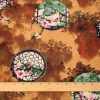 Brown-Mint Green-Multi Cherry Blossom Window Printed Linen Woven Fabric By the Yard