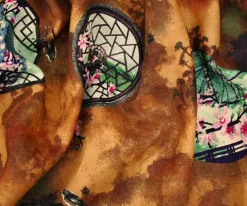 Brown-Mint Green-Multi Cherry Blossom Window Printed Linen Woven Fabric By the Yard