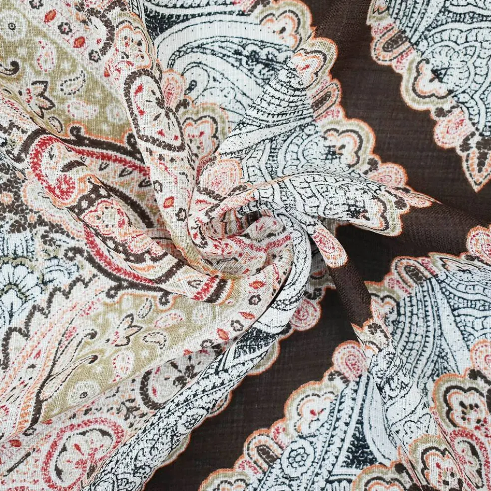 Brown-Orange-Multi Nylon Tile Baroque Printed Sheer Woven Fabric By the Yard