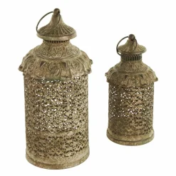 Brown Ornate Scroll Metal Candle Lantern Set