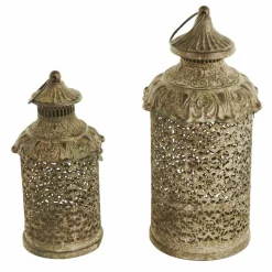 Brown Ornate Scroll Metal Candle Lantern Set