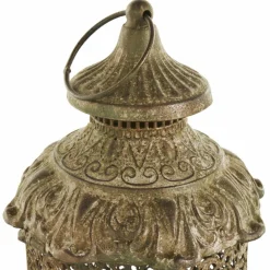 Brown Ornate Scroll Metal Candle Lantern Set