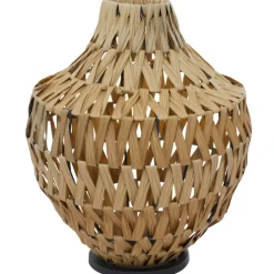 Brown Plastic Rattan Handmade Woven Vase with Black Metal Base 14" x 14" x 17"