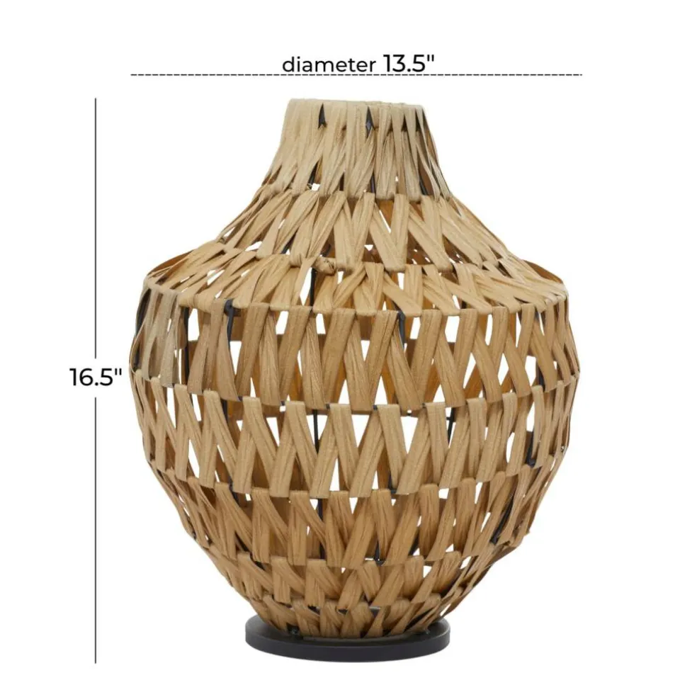 Brown Plastic Rattan Handmade Woven Vase with Black Metal Base 14" x 14" x 17"