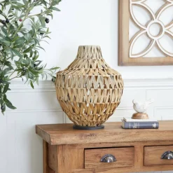Brown Plastic Rattan Handmade Woven Vase with Black Metal Base 14