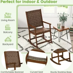 Brown PU Seat Patio Rocking Chair with Sturdy Rubber Wood Frame