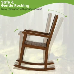 Brown PU Seat Patio Rocking Chair with Sturdy Rubber Wood Frame