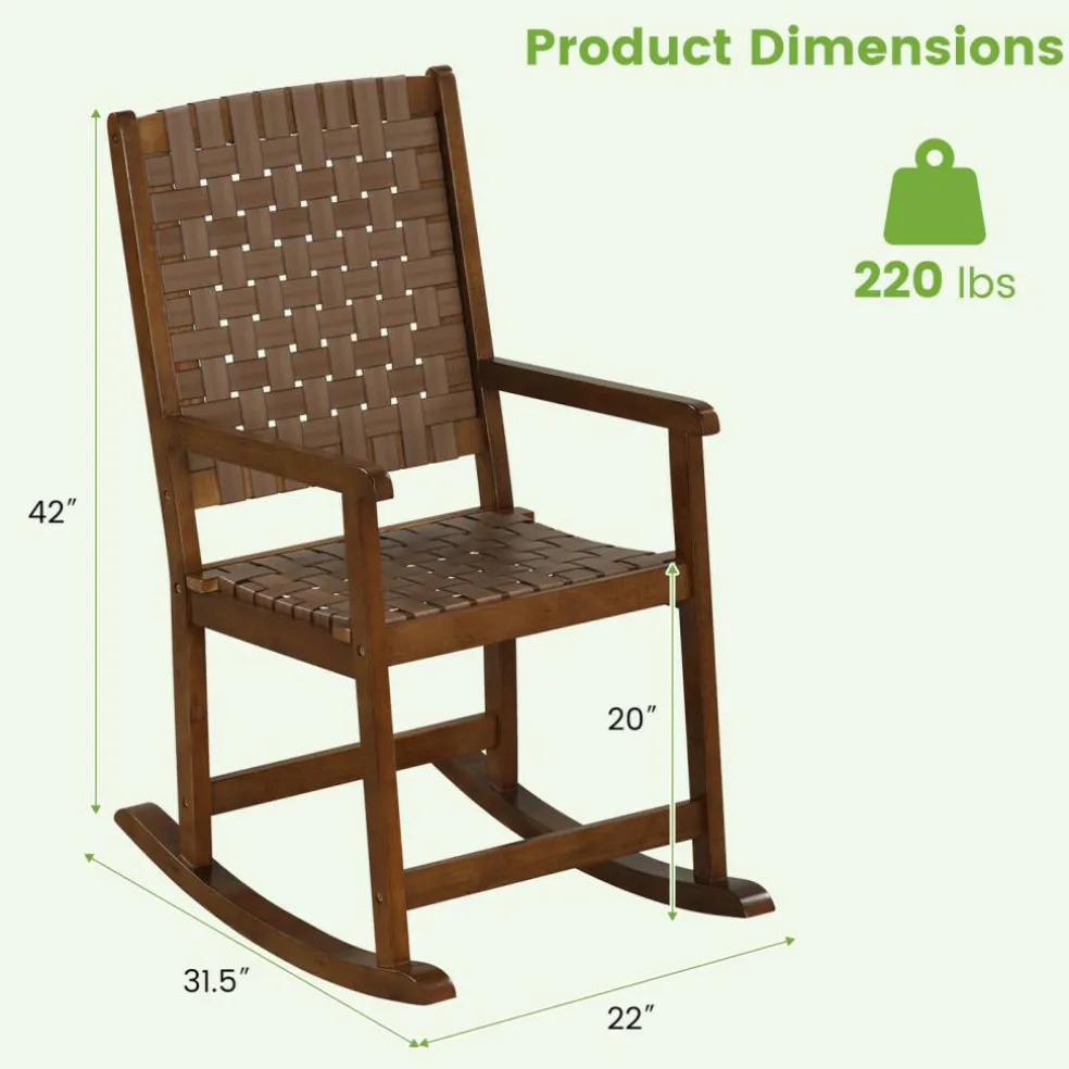 Brown PU Seat Patio Rocking Chair with Sturdy Rubber Wood Frame