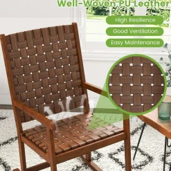 Brown PU Seat Patio Rocking Chair with Sturdy Rubber Wood Frame