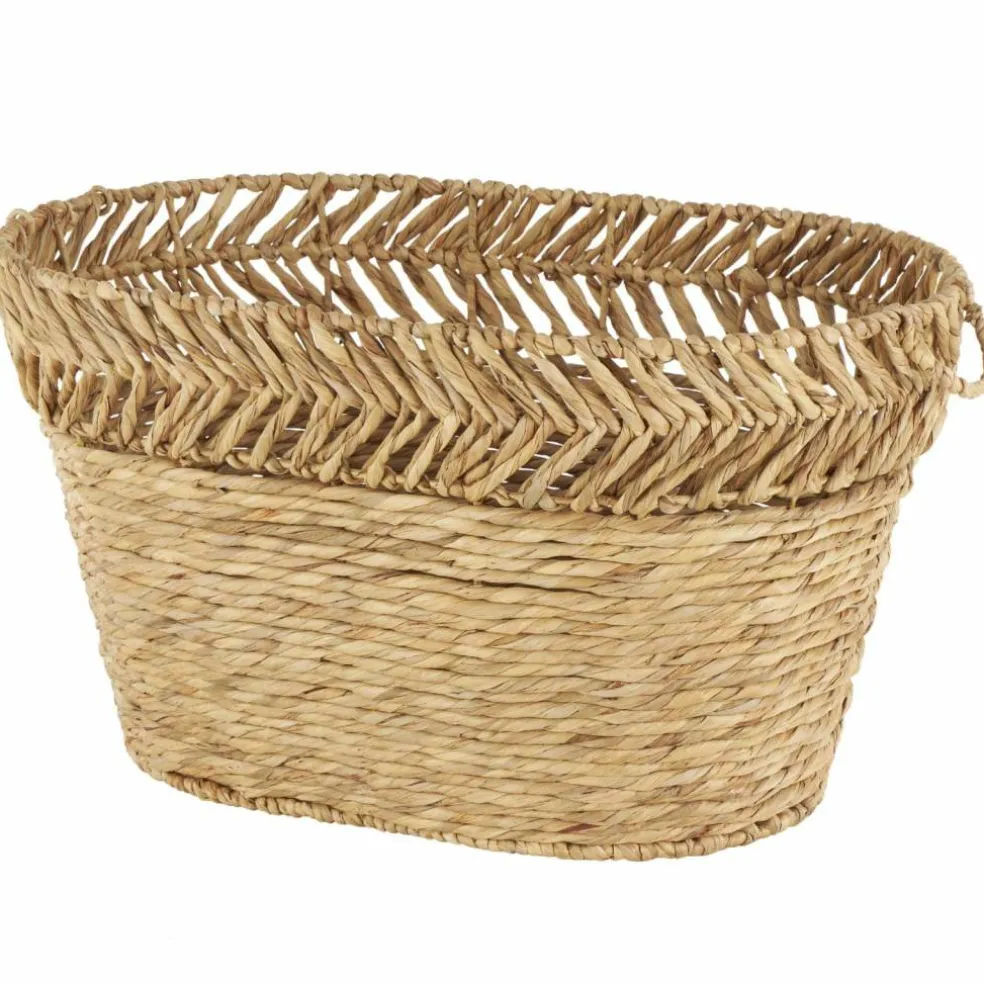 30" Brown Seagrass Handmade Woven Oval Storage Basket with Zig Zag Patterned Rim