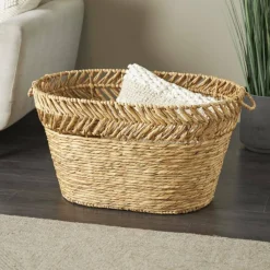 30" Brown Seagrass Handmade Woven Oval Storage Basket with Zig Zag Patterned Rim