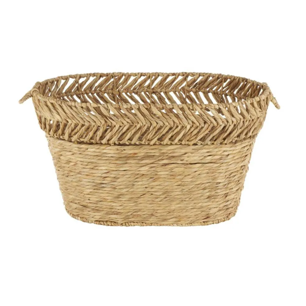 30" Brown Seagrass Handmade Woven Oval Storage Basket with Zig Zag Patterned Rim
