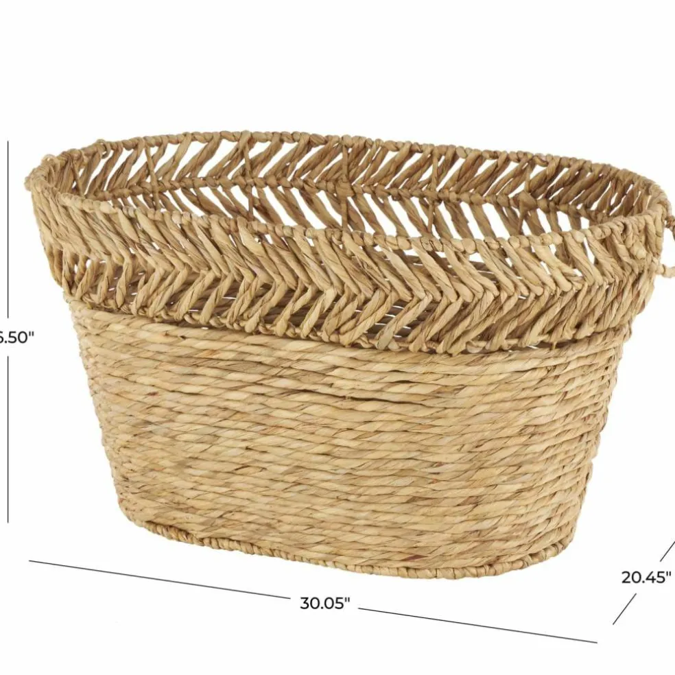 30" Brown Seagrass Handmade Woven Oval Storage Basket with Zig Zag Patterned Rim