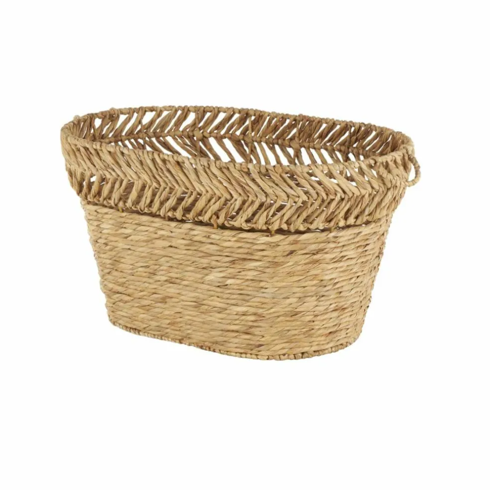 30" Brown Seagrass Handmade Woven Oval Storage Basket with Zig Zag Patterned Rim
