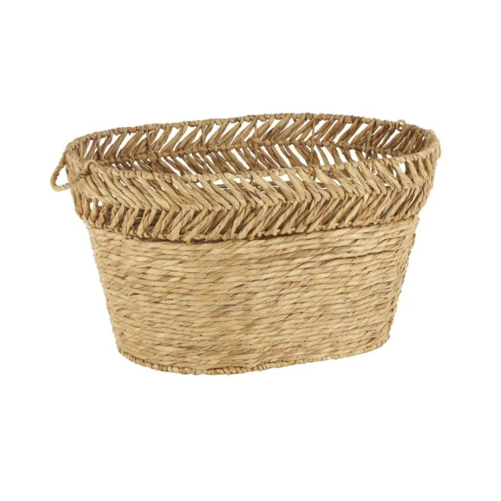 30" Brown Seagrass Handmade Woven Oval Storage Basket with Zig Zag Patterned Rim