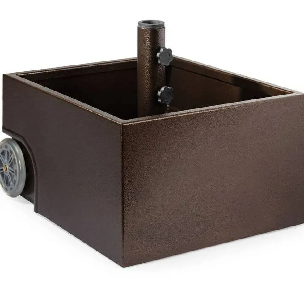 Brown Steel Construction Umbrella Base Stand with Planter Box and Wheels Fits 2" Poles