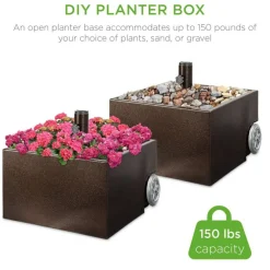 Brown Steel Construction Umbrella Base Stand with Planter Box and Wheels Fits 2" Poles