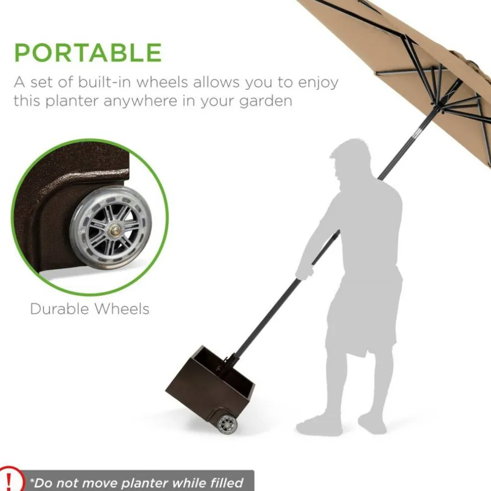 Brown Steel Construction Umbrella Base Stand with Planter Box and Wheels Fits 2" Poles