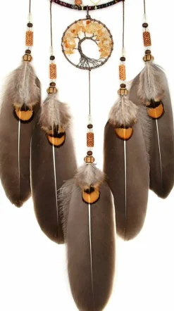 Brown Tree of Life Dream Catcher 18 Inch, Boho Wall Hanging Decor with Feathers and Citrine Crystal, Handmade Dreamcatcher for Bedroom, Living Room, Nursery, Festival and Spiritual Gift