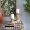 Brown Wood Beaded Pillar Candle Holder Set