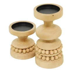 Brown Wood Beaded Pillar Candle Holder Set