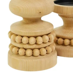 Brown Wood Beaded Pillar Candle Holder Set